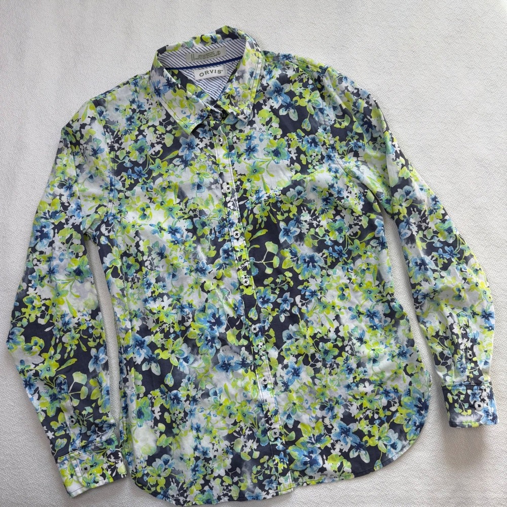 Orvis Womens Floral Button Down Shirt Blue Green Wrinkle Resistant Cotton Size S